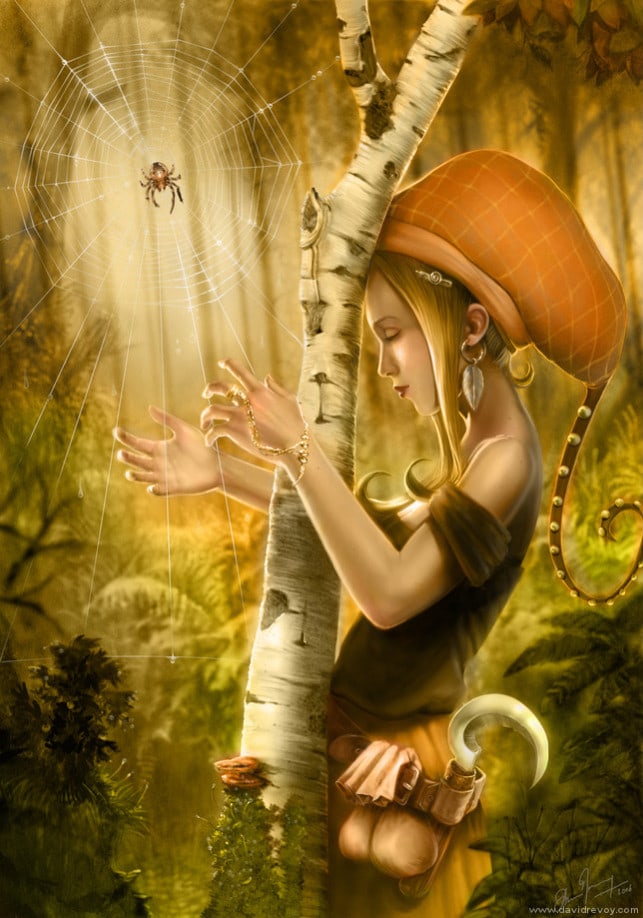 hippy-nature-girl-fairy-tale-spider-web-harp-wishes-dreams-music-fantasy-illustration-art-643x918