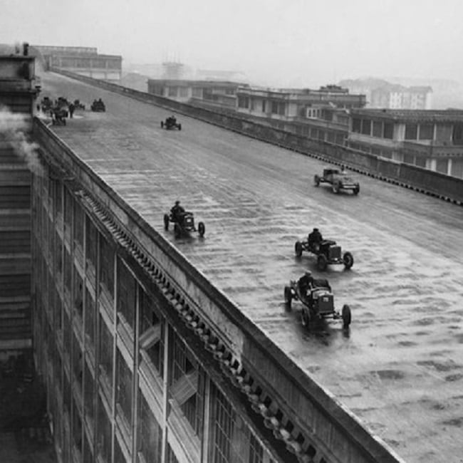 Factory workers race on the roof (test track) of the Fiat Factory in Turin, Italy, 1923