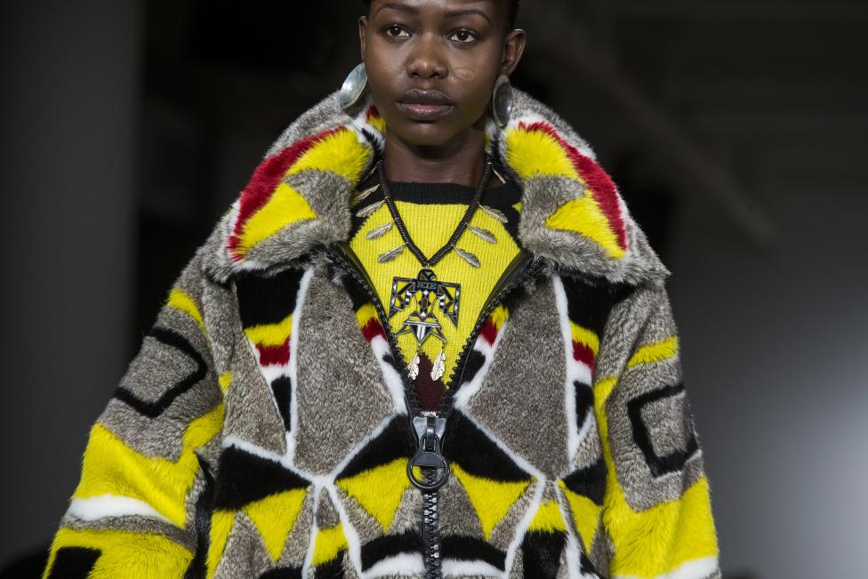 A model presents a creation from the KTZ Fall/Winter 2015 collection during New York Fashion Week