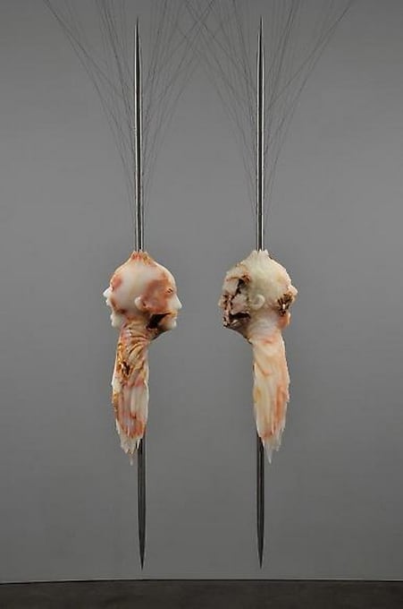 Barry X Ball paired, mirrored, flayed, javelin-impaled, cable-delineated-pendentive-funnel..., 2000-2009 "wounded" translucent Mexican Onyx stone / shaft assemblies: each 55 x 5 1/4 x 8 in (each 139.7 x 13.3 x 20.3 cm) stone figures: each 22 x 5 1/4 x 8 in (each 55.9 x 13.3 x 20.3 cm)