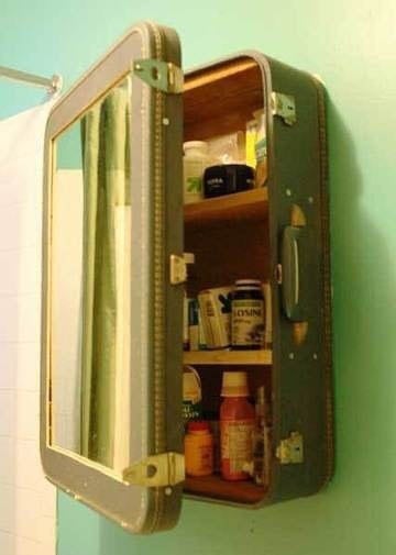 suitcase upcycled into medicine cabinet in bathroom