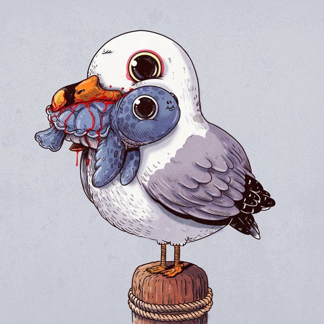 Playful Illustrations Of Cute Predators Devouring Their Smiling Victim alex-solis-adorable-and-morbid-illustrations-of-predators-3