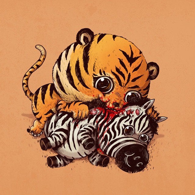 Playful Illustrations Of Cute Predators Devouring Their Smiling Victim alex-solis-adorable-and-morbid-illustrations-of-predators-8