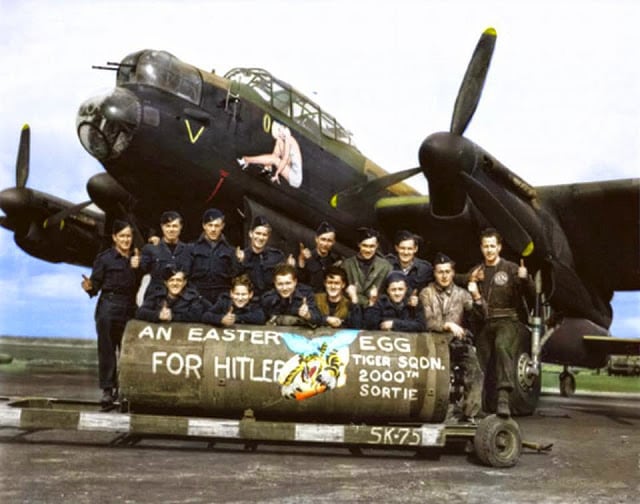 These 50 Astonishing WWII Colorized Photos Look Like They were Taken Yesterday f/l j. f. thomas and the crew of avro lancaster bomber 'b' mki 'victorious virgin' rf128 qb-v of rcaf 424 squadron "tiger" squadron on the 21st of march 1945. (probably taken at the skipton-on-swale, north yorkshire airfield). (colorized by tom thounaojam from india)