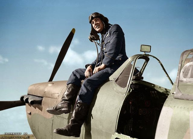 These 50 Astonishing WWII Colorized Photos Look Like They were Taken Yesterday flying officer leonard haines of no. 19 squadron raf sits by the cockpit of his supermarine spitfire mk.ia (qv-?) at fowlmere, near duxford. september 1940. (photo source - © iwm ch 1373. colorized by paul reynolds. historic military photo colourisations)