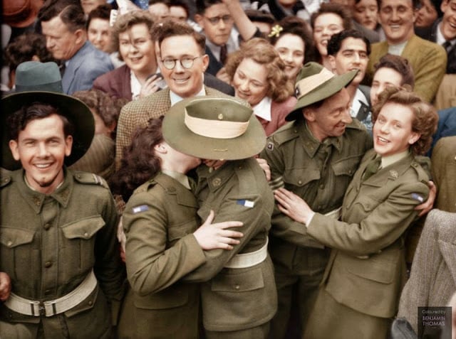 These 50 Astonishing WWII Colorized Photos Look Like They were Taken Yesterday australian soldiers mingle with a section of the crowd gathered in martin place during the victory in the pacific celebrations, sydney, 15 august 1945. (colorized and researched by benjamin thomas from australia)