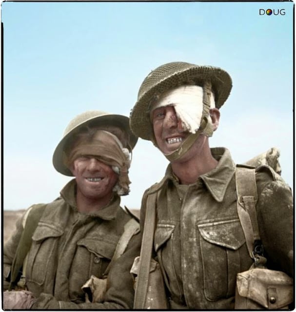Two wounded soldiers from the 6th Durham Light Infantry, 50th (Northumbrian) Infantry Division, XXX Corps., during the Mareth line battle, 22-24 March 1943. (Colorized by Doug)