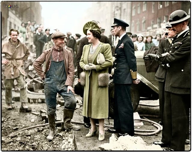king george vi and queen elizabeth visiting bomb damaged streets in the east end of london on the 18th of october 1940. (colorized by doug)