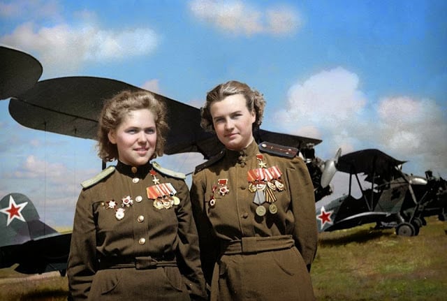 These 50 Astonishing WWII Colorized Photos Look Like They were Taken Yesterday soviet air force officers, rufina gasheva (848 night combat missions) and nataly meklin (980 night combat missions) decorated as 'heroes of the soviet union' for their service with the famed 'night witches' unit during world war ii. they stand in front of their polikarpov po-2 biplanes. (colourisation and research by olga shirnina from russia)
