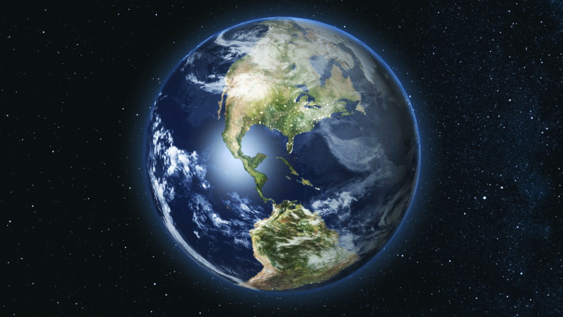 realistic earth planet, rotating on its axis in space against the background of the star sky. seamless loop. astronomy and science concept. night city lights. elements of image furnished by nasa