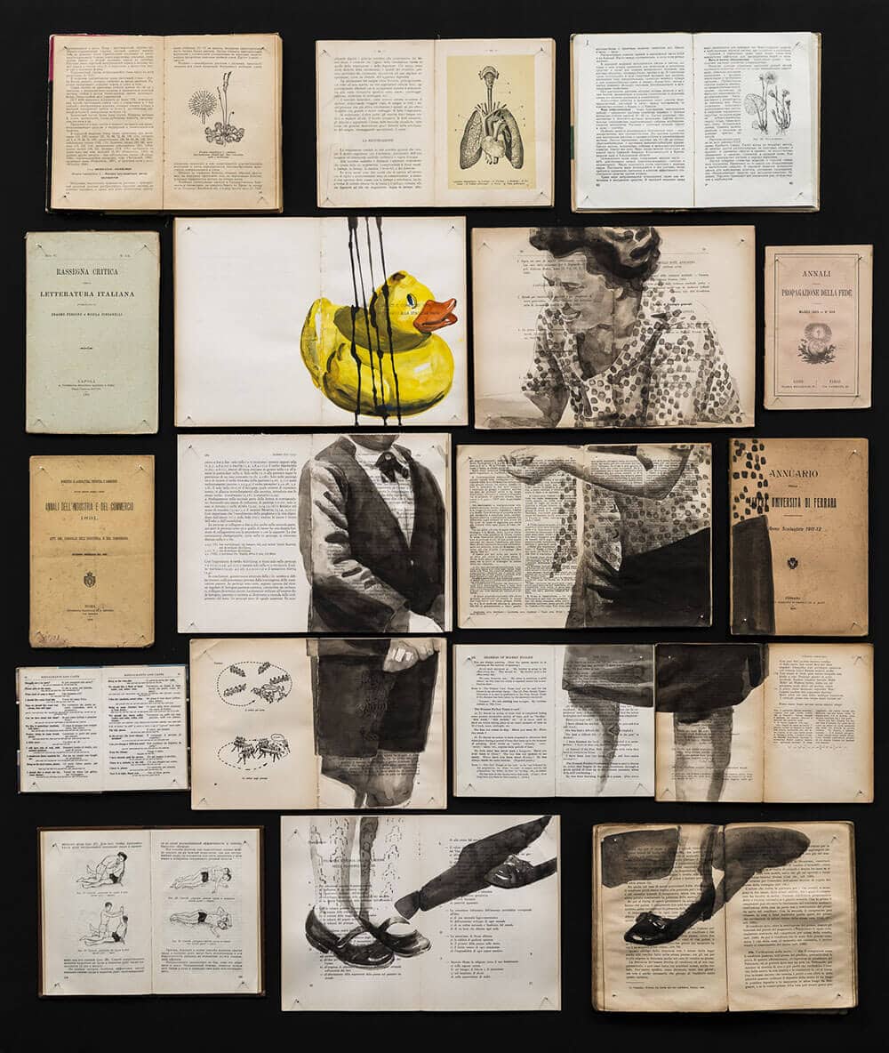This Artist Creates Ink Paintings on Arrays of Vintage Books