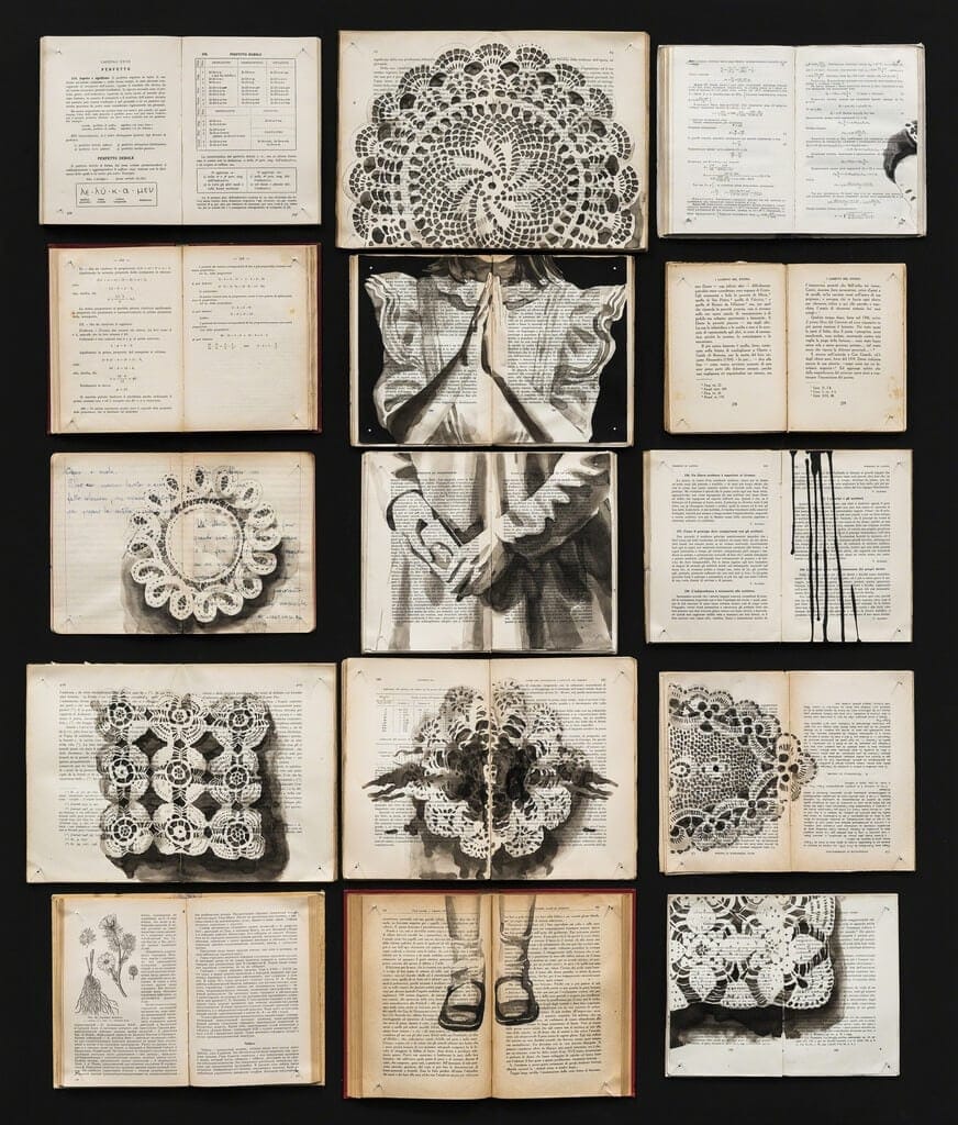 This Artist Creates Ink Paintings on Arrays of Vintage Books