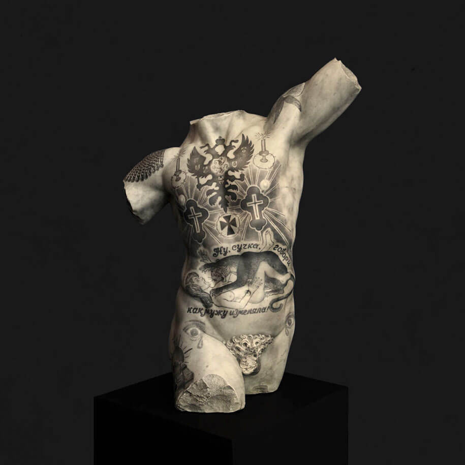 italian artist gives classical sculptures criminal tattoos fy 8