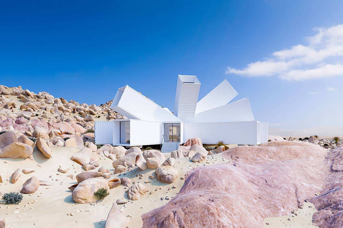A House Made of White Cargo Containers In California Desert