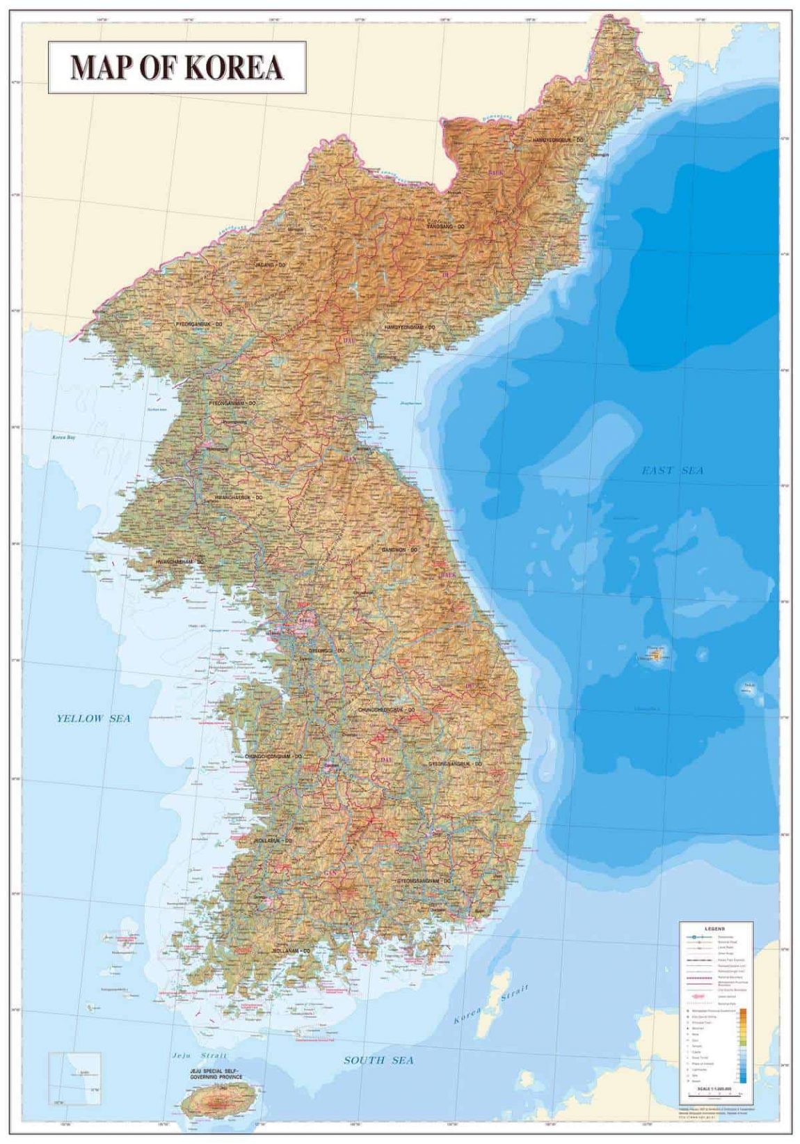 large physical map of korean peninsula with all cities