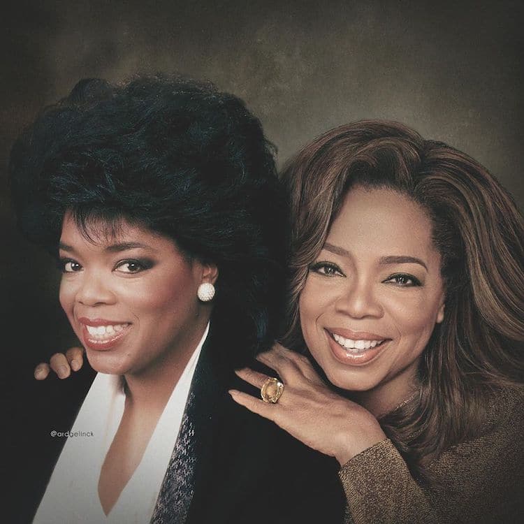 "Then and now" portraits of celebrities posing with their younger selves