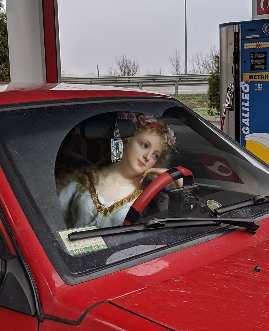 An artist places characters from classical paintings in modern daily life