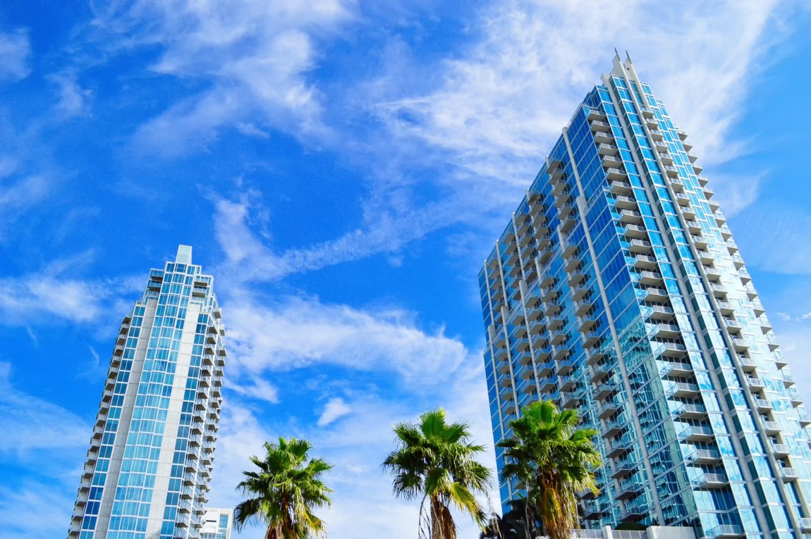 green palm trees near high rise buildings under blue sky during daytime
