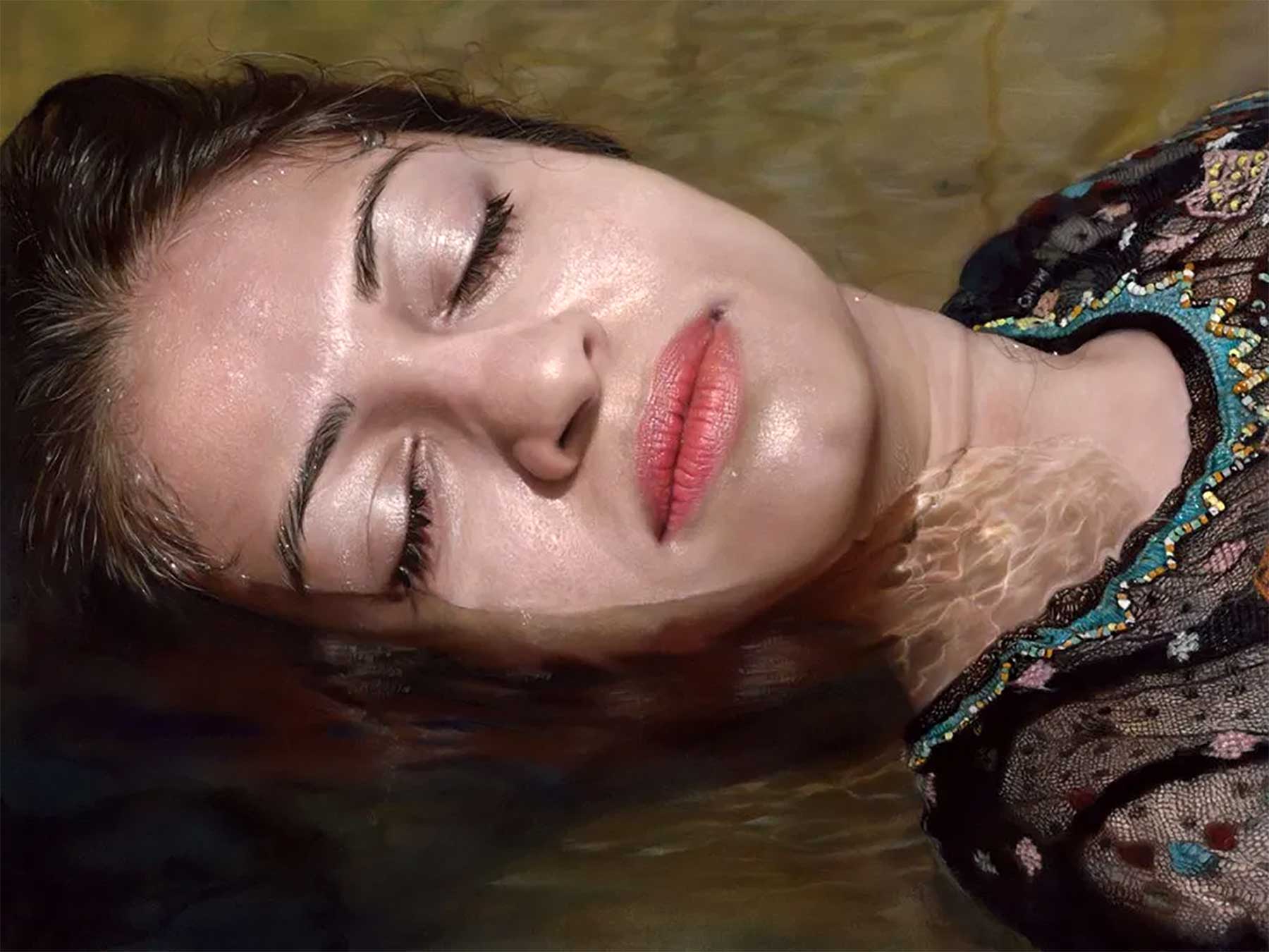 Photorealistic oil portraits of submerged women in water