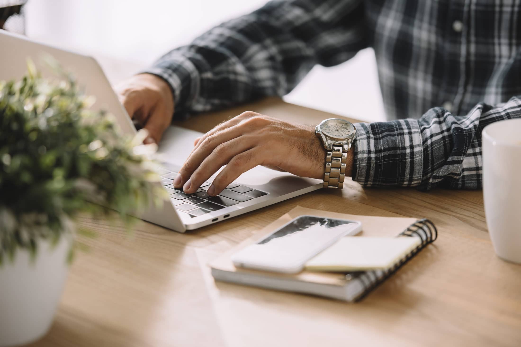 cropped shot of man in plaid shirt using laptop at MAYSNNT scaled