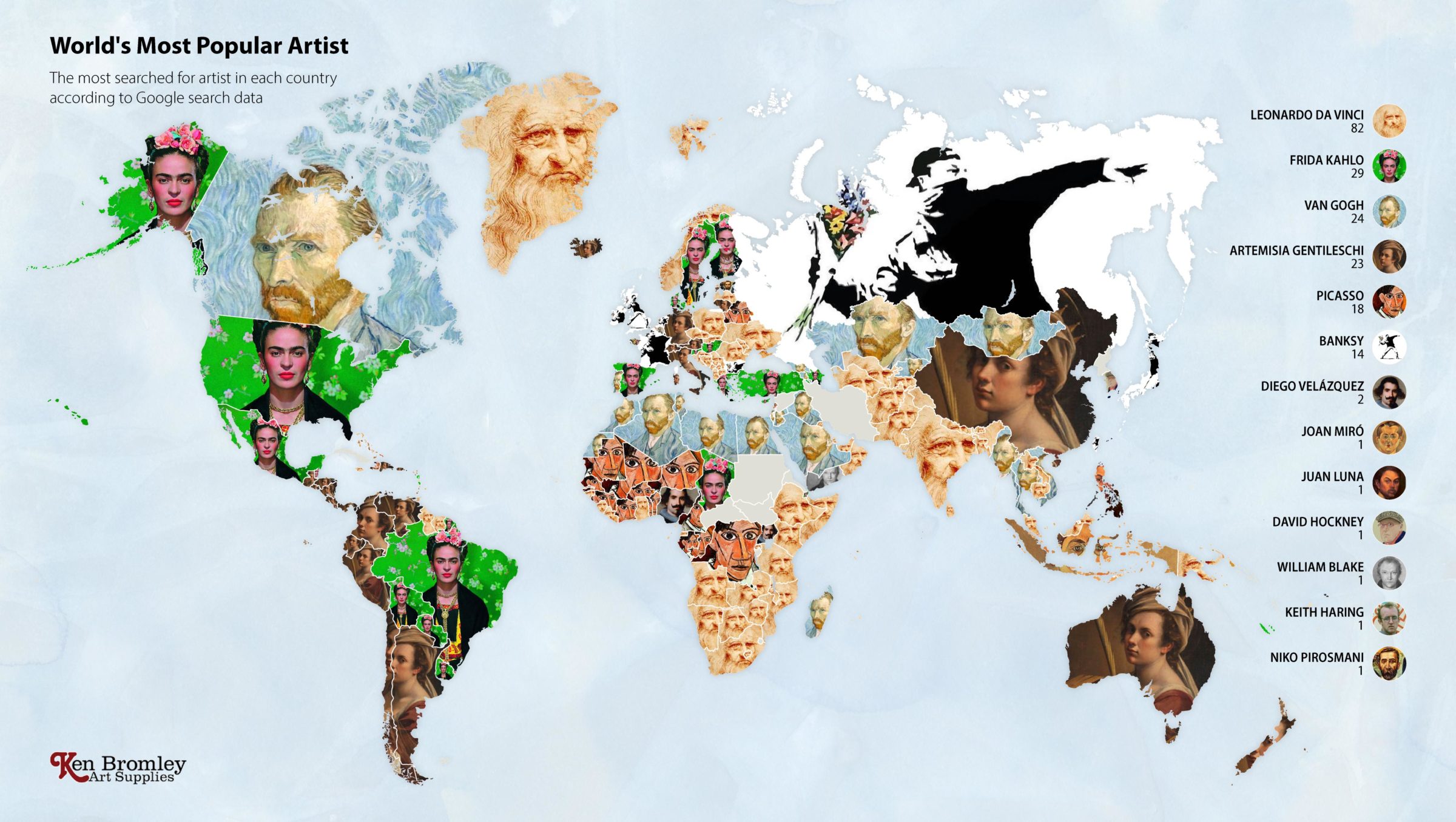 World Map Of The Most Googled Artist In Every Country FREEYORK