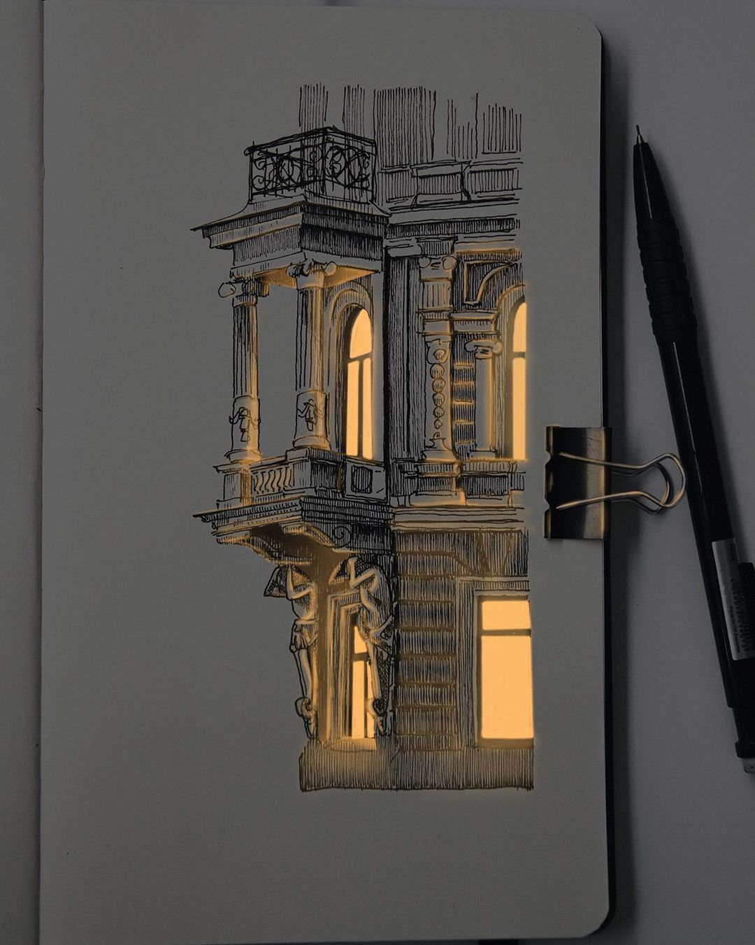 An Artist Makes Glowing Drawings Of Architectural Structures Using Pen ...