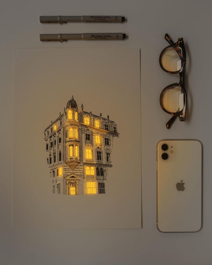 An Artist Makes Glowing Drawings Of Architectural Structures Using Pen And Ink Freeyork