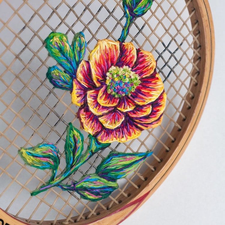 Flowers Embroidered on the Strings of Vintage Rackets and Other Thread  Artworks by Danielle Clough — Colossal