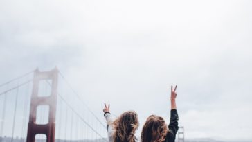 two women making peace sign near the Golden Gate bridge