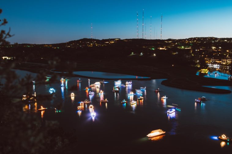 aerial view of boats during night