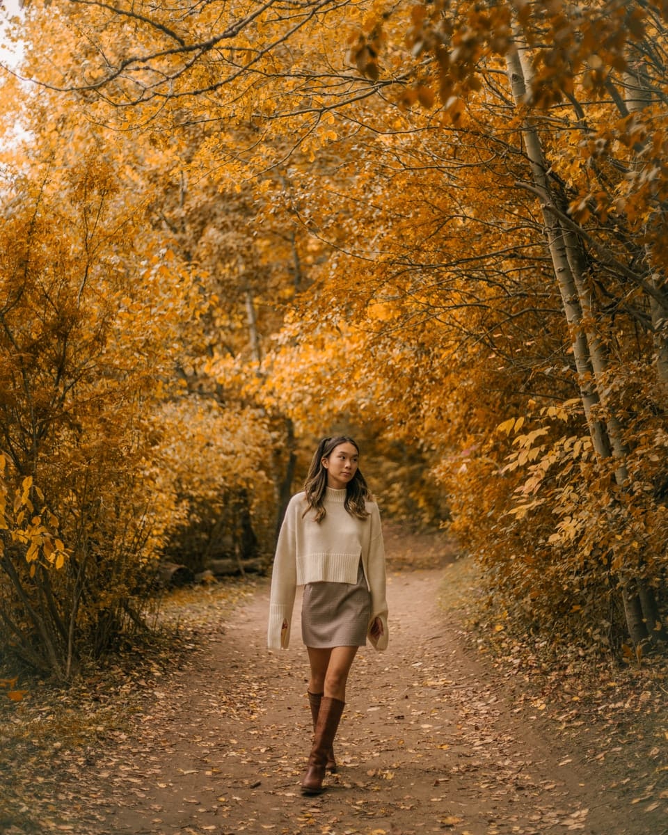 Woman Walking through Park in Autumn