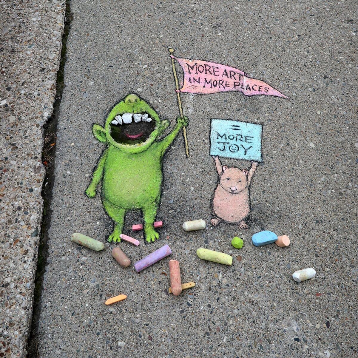 David Zinn's Whimsical Chalk Art Animals, Characters, And More Drawn