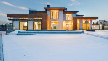 Modern villa with spacious yard in winter
