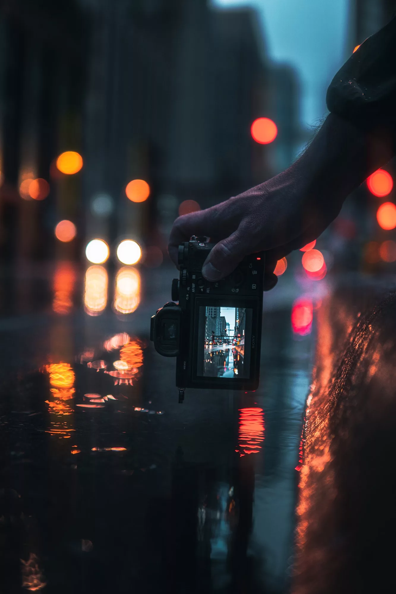 person holding black dslr camera taking photo of city lights during night time