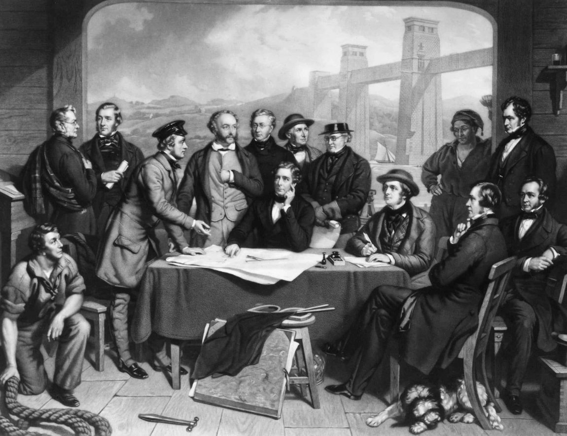 Conference of Engineers at the Menai Straits Preparatory to Floating one of the Tubes of the Britannia Bridge by John Lucas